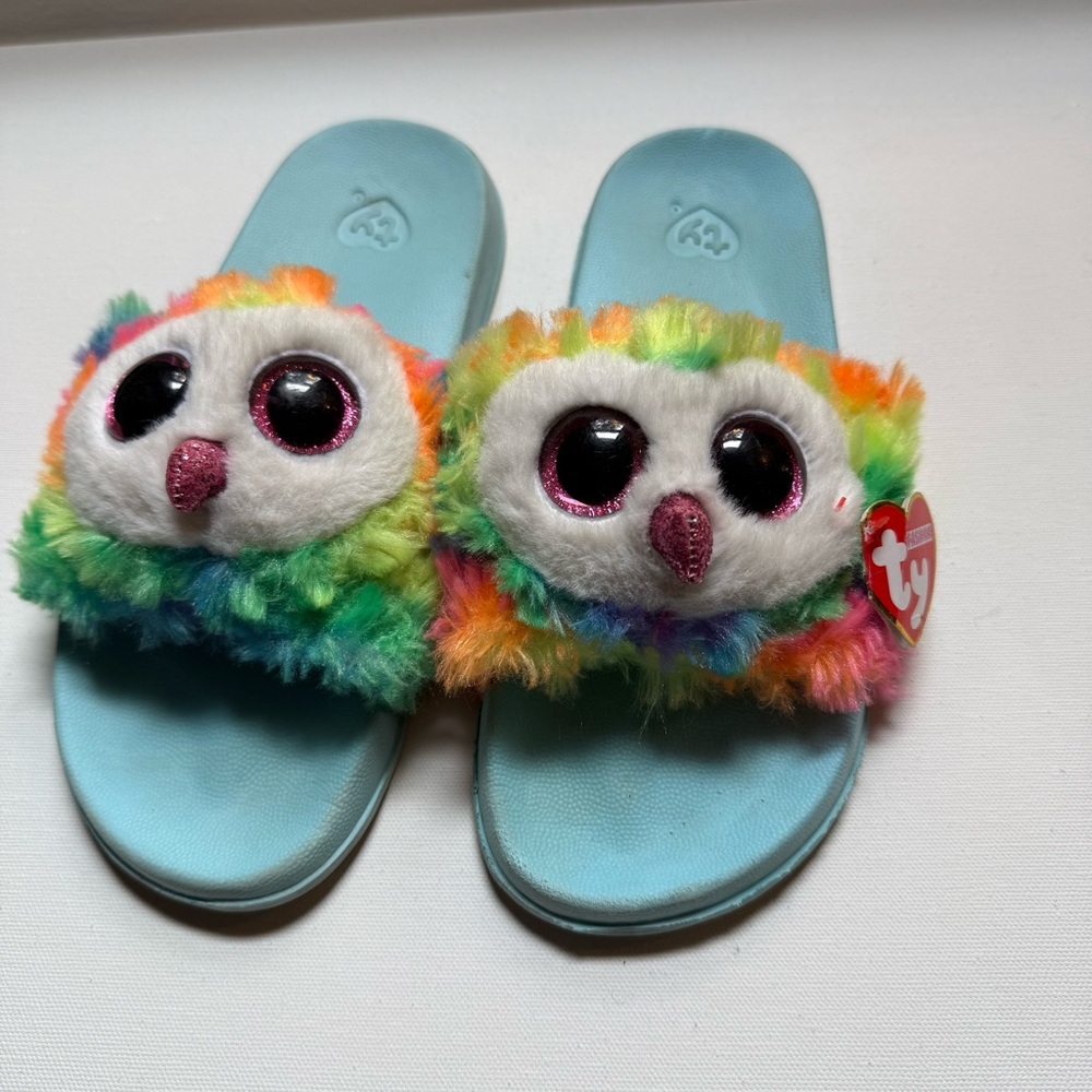 TY Kids Owl Slippers Plush Rainbow Slide On Sandals Beanie Boo NWT Cozy House